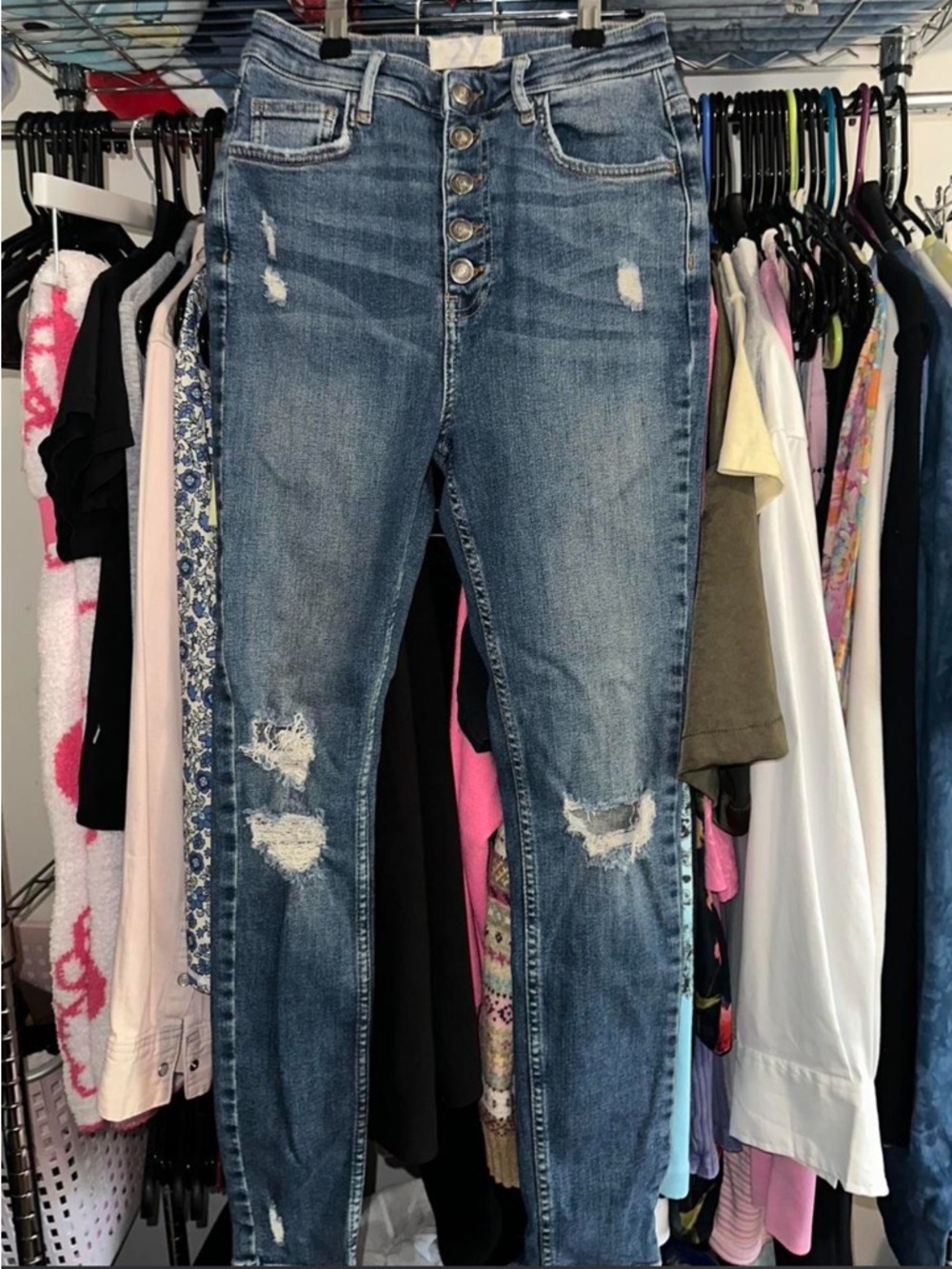 Free People High-Rise Distressed Skinny Jeans - Blue Wash